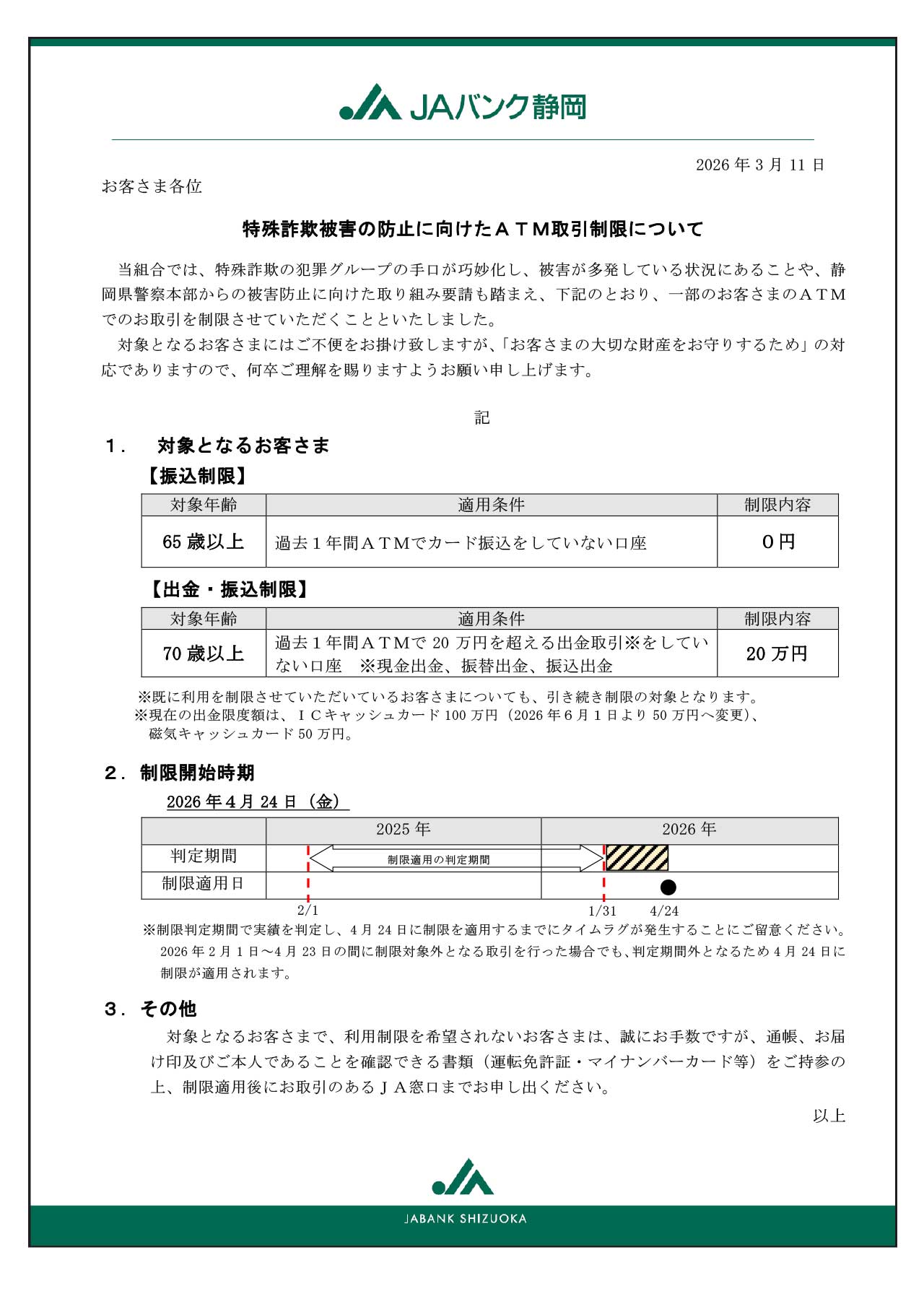 特殊詐欺被害の防止に向けたＡＴＭ取引制限について（修正後）